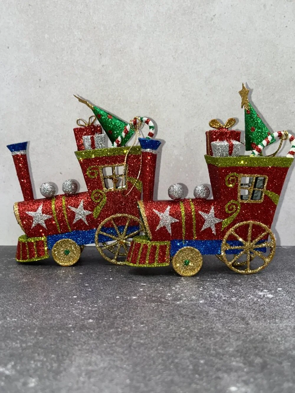 Vintage Pier One Pier 1 Metal Glitter Christmas Train Ornaments Red Green Blue